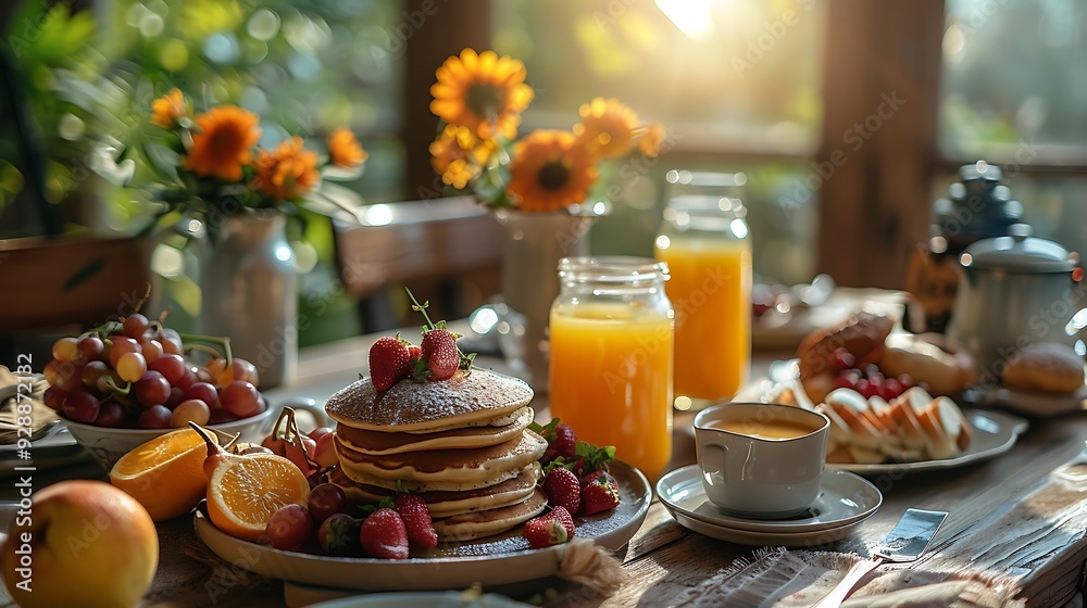 Fototapeta premium A heartwarming Sunday brunch moment, with a family enjoying pancakes, fruit, and fresh juice at a beautifully set table, the morning sunlight creating a warm, inviting atmosphere,