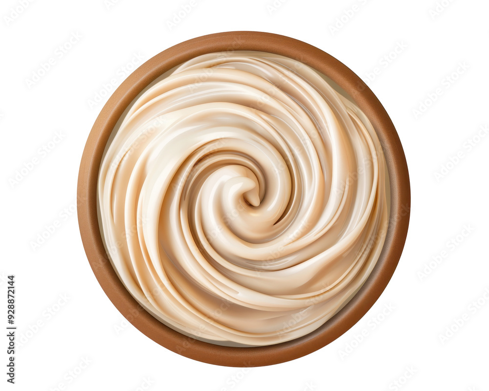 Swirling beige cream in a brown bowl, isolated on transparent. Swirling beige cream in a brown bowl, isolated on transparent.