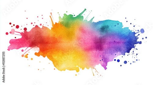 A bright and colorful watercolor splash, featuring vibrant splatters and brush strokes on a white background. This modern, trendy design showcases a rainbow of hues in an isolated, dynamic pattern.