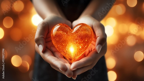 Glowing Heart in Hands: A Symbol of Love and Light , person holds a glowing orange heart symbolizing love, warmth, and compassion against a dreamy bokeh background.