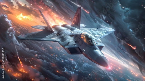 Futuristic Aerial Dogfight between Fighter Jet and Alien Spacecraft in Dramatic Battlefield Setting