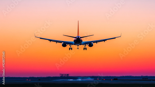 A silhouette of an airplane descending onto a runway against a vibrant sunset sky, highlighting the beauty of travel and aviation.
