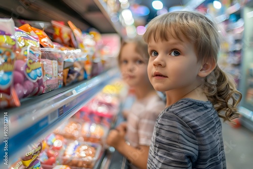 Curious Kids Exploring a Colorful Candy Aisle in a Store