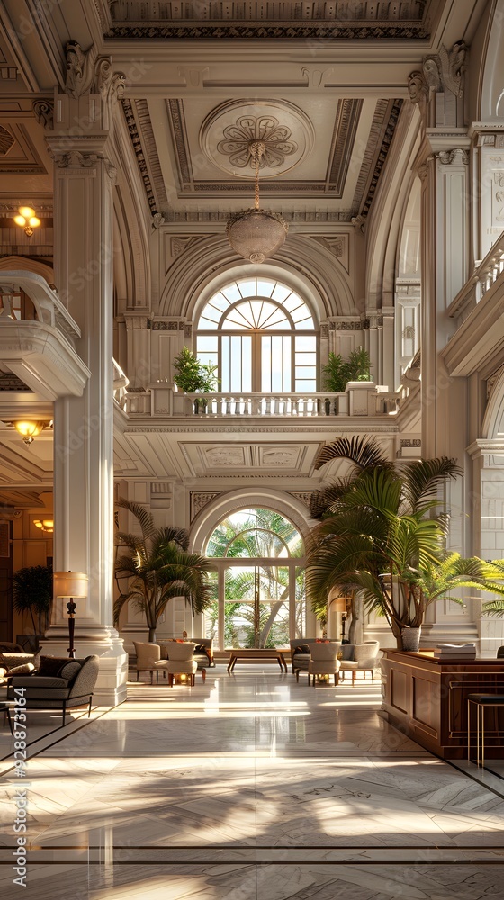 Luxurious Lobby with Marble Floor and Palm Trees. Luxurious Lobby with Marble Floor and Palm Trees.