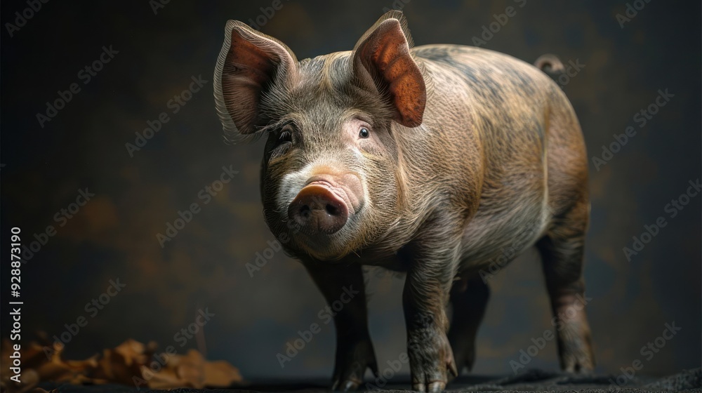 A cute piglet standing on a surface with its head turned slightly to the side.