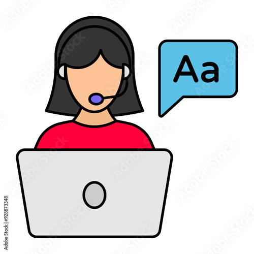 Administration Assistant with Headset and laptop speaking concept vector icon design, International Day of Language symbol, Translation Services sign, Plurilingualism and Multilingualism illustration
