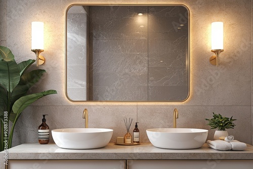 A beautifully designed bathroom features two white sinks, a golden framed mirror, and plants, creating a calm and sophisticated atmosphere photo