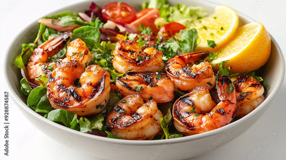 grilled shrimp served in a bowl with fresh salad, garnished with lemon slices and vegetable, healthy seafood dish grilled shrimp served in a bowl with fresh salad, garnished with lemon slices and vegetable, healthy seafood dish