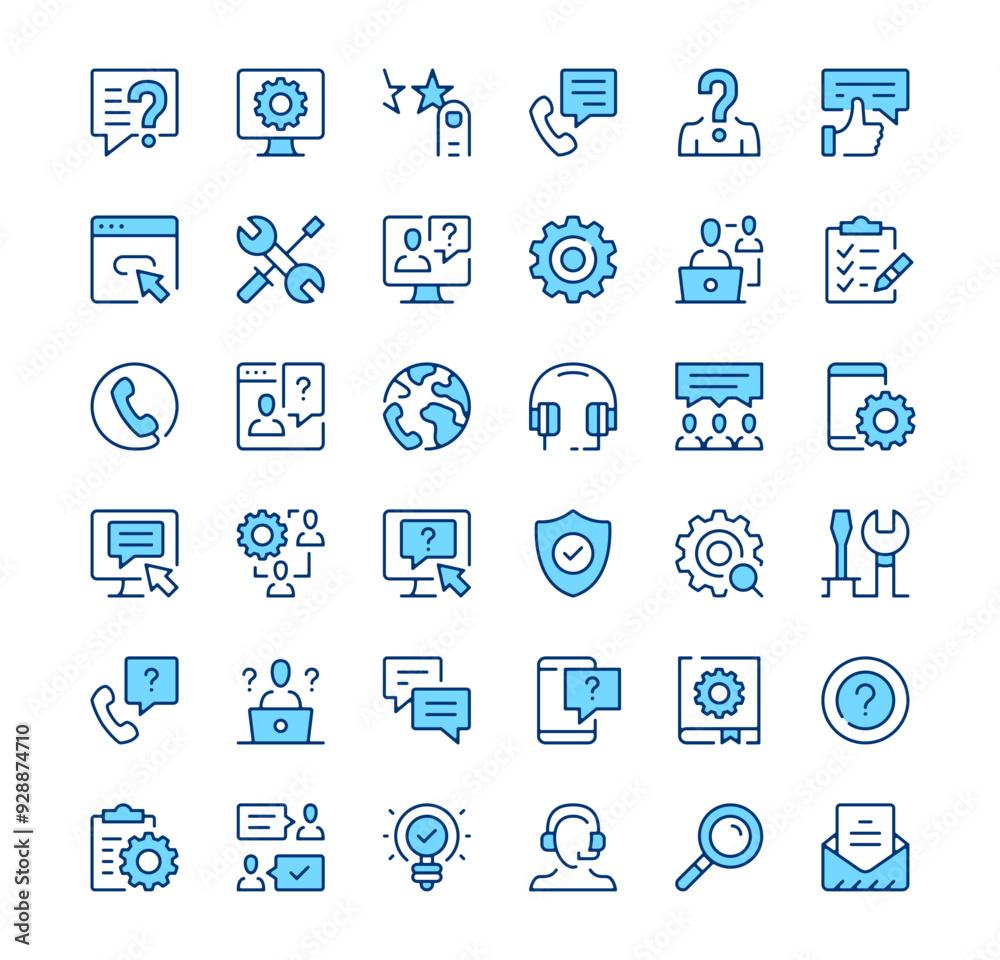 Technical support icons. Outline symbols. Vector blue line icons set Technical support icons. Outline symbols. Vector blue line icons set