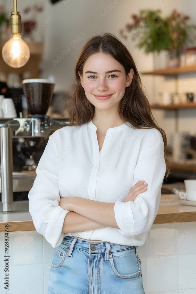 Confident Young Woman Standing in a Modern Cafe with Folded Arms Confident Young Woman Standing in a Modern Cafe with Folded Arms