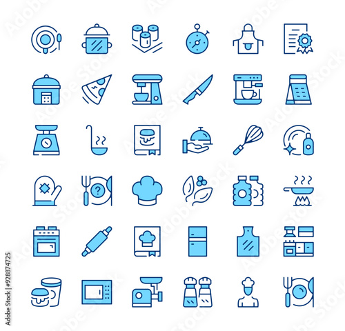 Cooking icons. Outline symbols. Vector blue line icons set