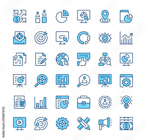 Digital marketing icons. Outline symbols. Vector blue line icons set