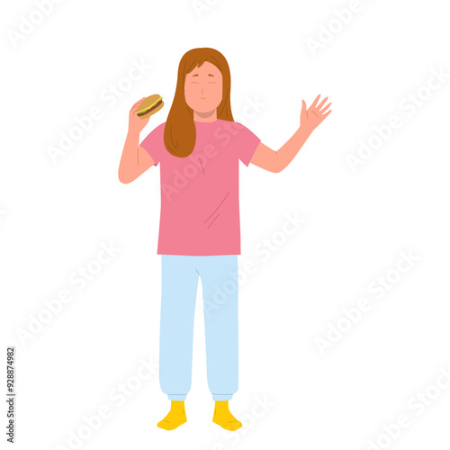 Happy preteen girl child cartoon character eating burger on breakfast before going to school