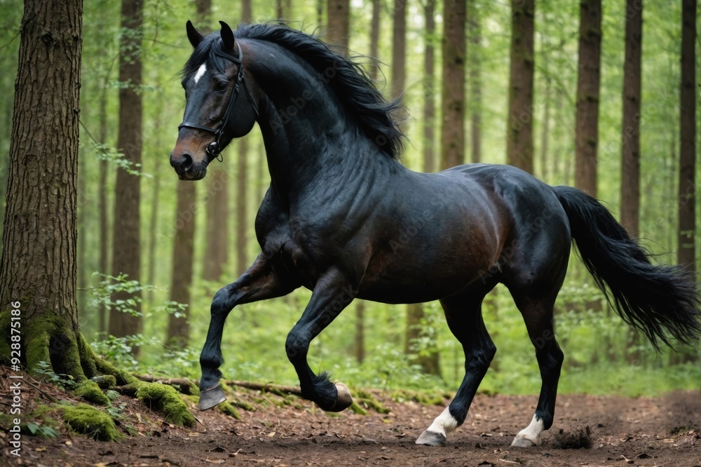 Beautiful Friesian horse action portrait in forest Beautiful Friesian horse action portrait in forest