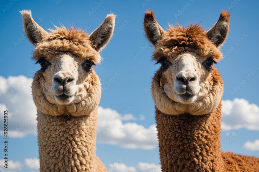 Obraz premium Portrait of two alpacas on the background of blue sky