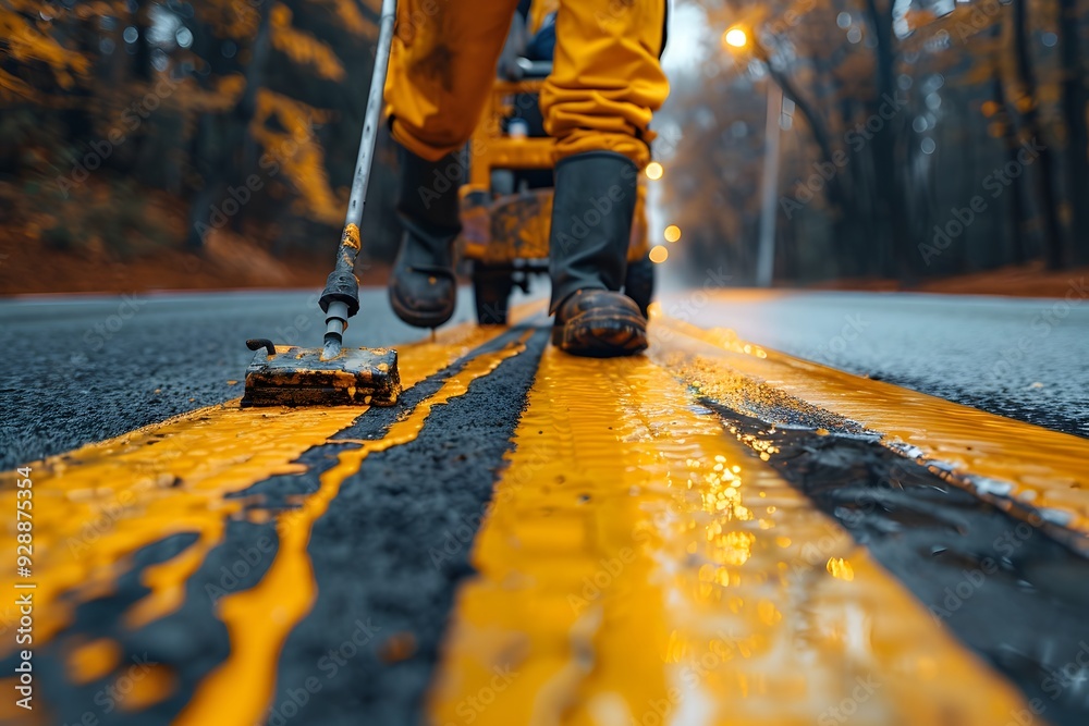 Road Worker Painting Fresh Yellow Lines on a Rainy Autumn Day