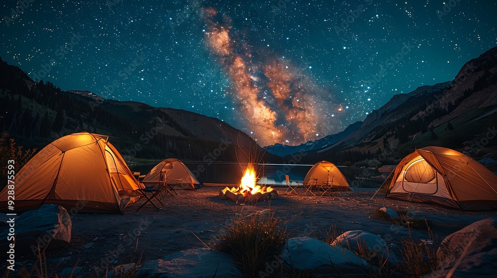 A magical camping night, with a family enjoying marshmallows roasted over a campfire, the warm light flickering on their faces, tents in the background, and the sky ablaze with stars, A magical camping night, with a family enjoying marshmallows roasted over a campfire, the warm light flickering on their faces, tents in the background, and the sky ablaze with stars,