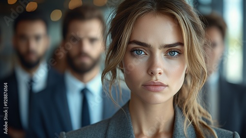 Wallpaper Mural Portrait of a beautiful young woman with blonde hair and blue eyes, looking directly at the camera, with two blurred men in suits behind her. Torontodigital.ca