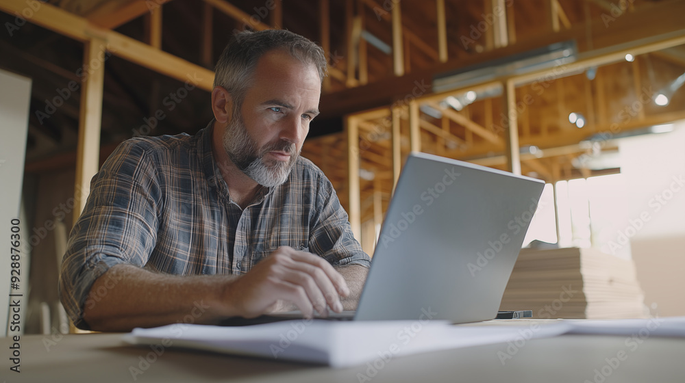 Building contractor examining housing plans on laptop in a table at construction site. Mid adult caucasian man. Building contractor examining housing plans on laptop in a table at construction site. Mid adult caucasian man.