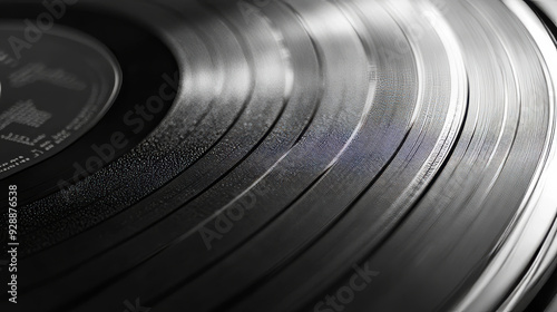 A close-up view of a vinyl record, highlighting its grooves and the shiny, black surface. The image captures the texture of the record and may show the label in the center, offering a detailed look. photo