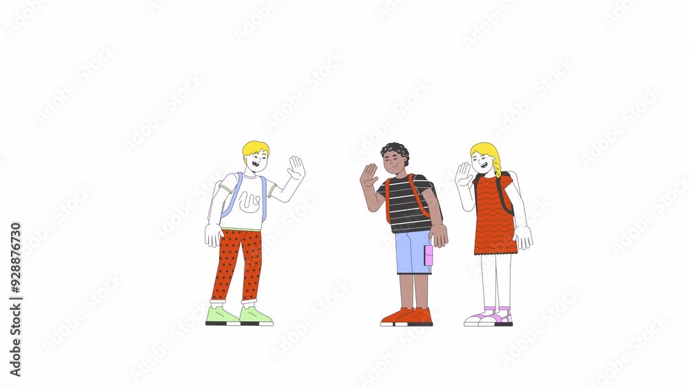 Diverse schoolkids greeting each other line 2D characters animation. Schoolboys, schoolgirl walking flat color cartoon 4K video, alpha channel. Happy schoolmates animated people on white background Diverse schoolkids greeting each other line 2D characters animation. Schoolboys, schoolgirl walking flat color cartoon 4K video, alpha channel. Happy schoolmates animated people on white background