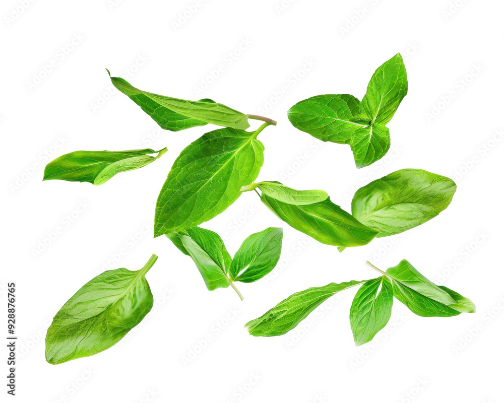 A group of eight fresh green leaves, isolated on a transparent background. A group of eight fresh green leaves, isolated on a transparent background.