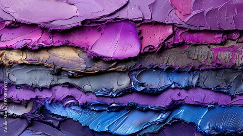   Closely cropped image of abstract artwork featuring purple, blue, and purple paintstrokes on its upper portion photo