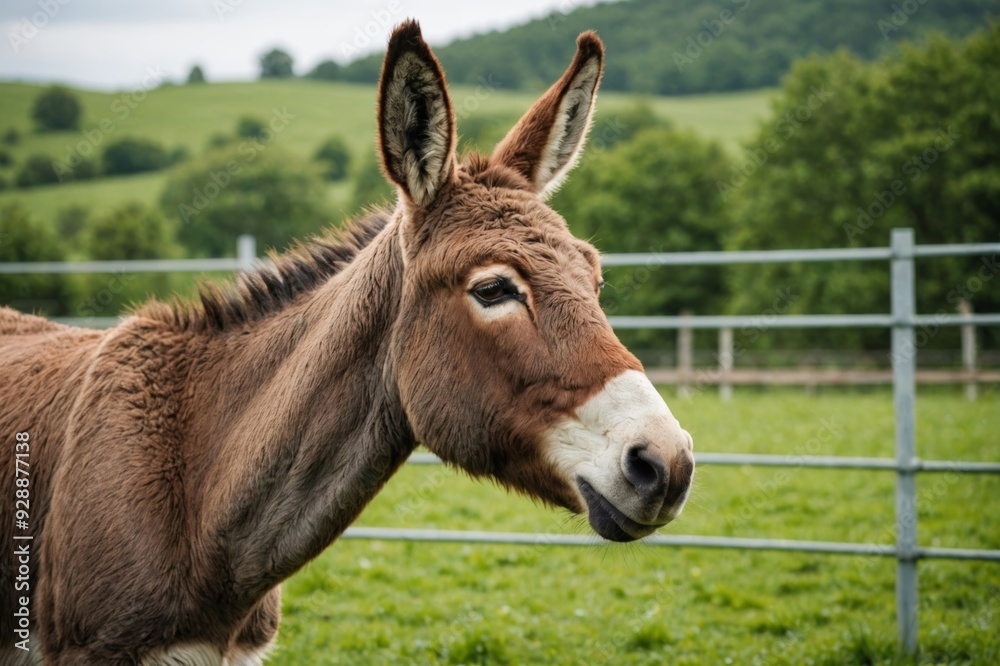 Brown donkey in a green field enclosure Brown donkey in a green field enclosure