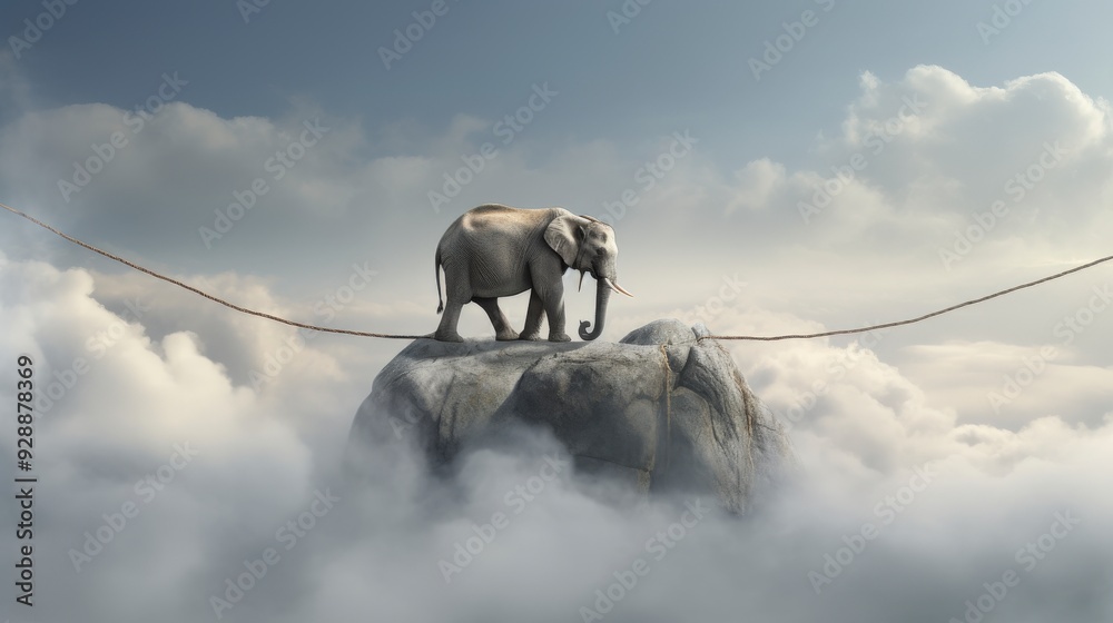 Obraz premium An elephant stands on a rock high in the clouds with a rope stretched between the peaks.