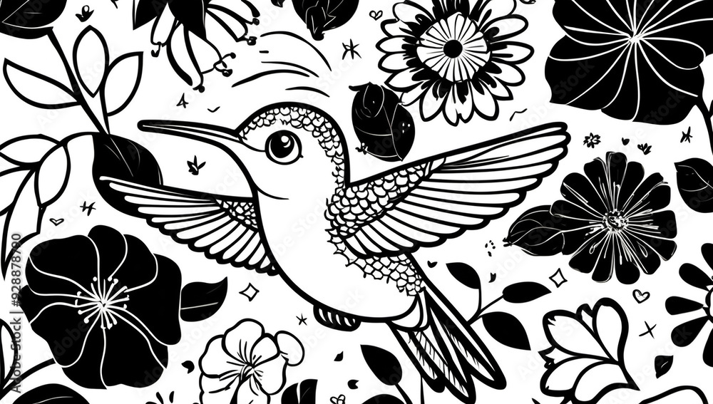Fototapeta premium Coloring page, cute hummingbird bird