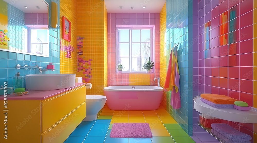 A colorful bathroom showcases a lively mix of tiles and fixtures that create a joyful and inviting atmosphere A colorful bathroom showcases a lively mix of tiles and fixtures that create a joyful and inviting atmosphere