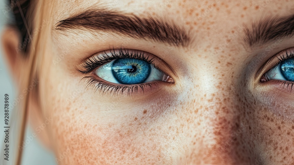 Fototapeta premium Close-up of a joyful young woman with freckles and blue eyes