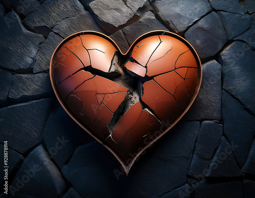 broken heart cracks smashed stone surface symbol lovesickness sadness