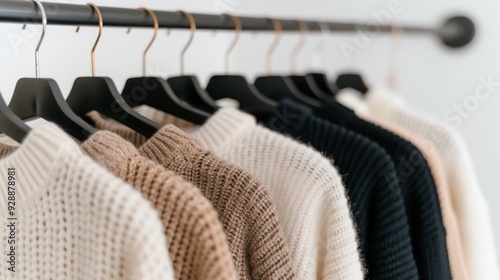   A row of sweaters dangles from a white rail, while a black rail holds various pieces of clothing photo