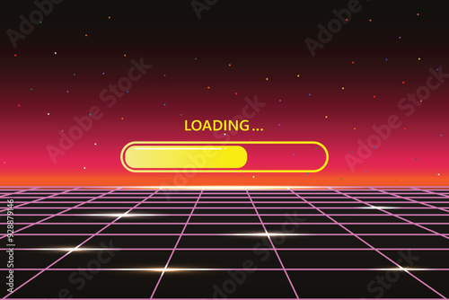 LOADING bar .pixel art .8 bit. retro game. for game assets in vector illustrations. Retro Futurism Sci-Fi Background. glowing neon grid and star from vintage arcade computer game.