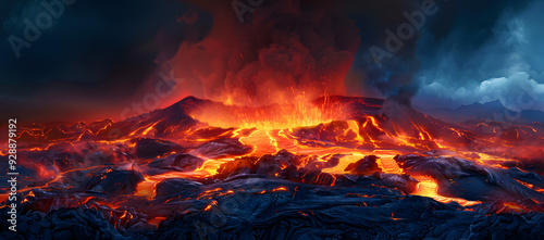  Dramatic Volcanic Landscape with Active Crater and Flowing Lava Against a Dark, Smoky Sky. This intense scene showcases the raw power of an erupting volcano