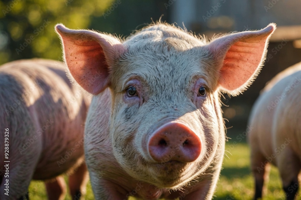 A detailed close-up portrait of a pig, showcasing its expressive eyes and playful smile, set against a sunlit natural backdrop that highlights the friendly demeanor of this farm animal A detailed close-up portrait of a pig, showcasing its expressive eyes and playful smile, set against a sunlit natural backdrop that highlights the friendly demeanor of this farm animal