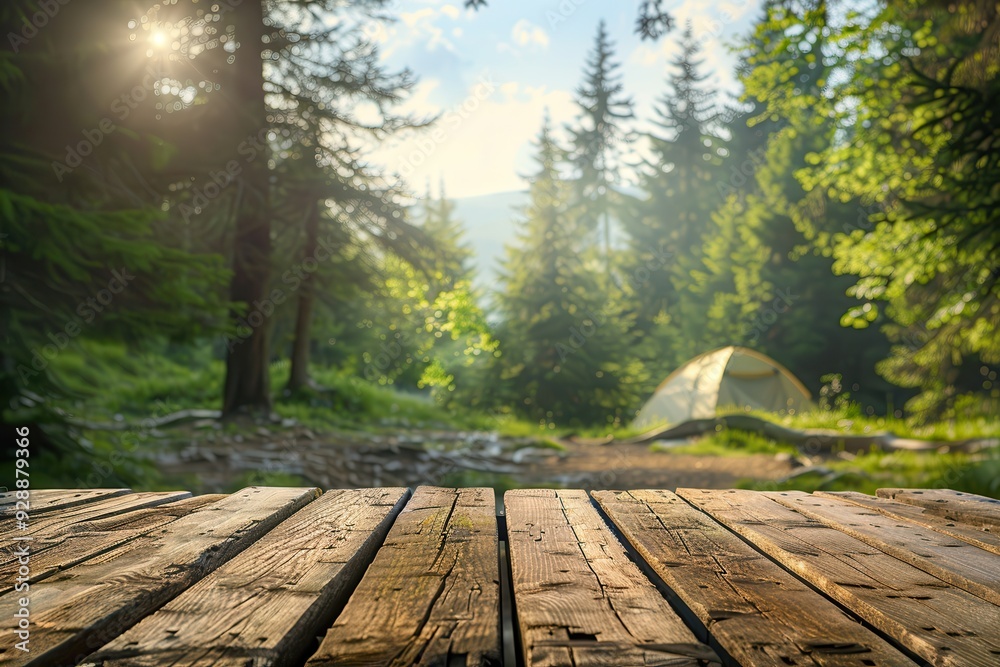 Camping Background. Wooden Table with Free Space for Summer Adventures Camping Background. Wooden Table with Free Space for Summer Adventures