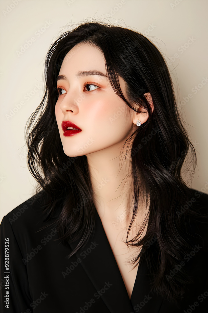 Elegant Portrait of a Young Woman with Bold Makeup and Wavy Hair