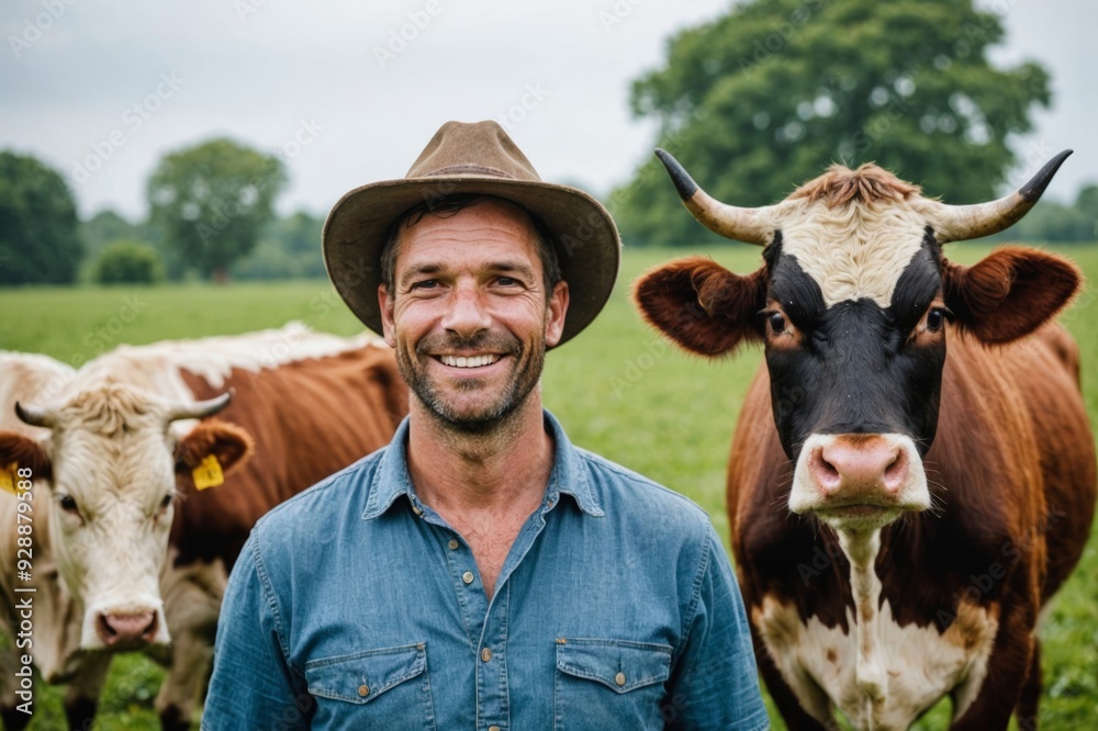 Smile, farming and portrait of man with cow on field, happy farmer in ...