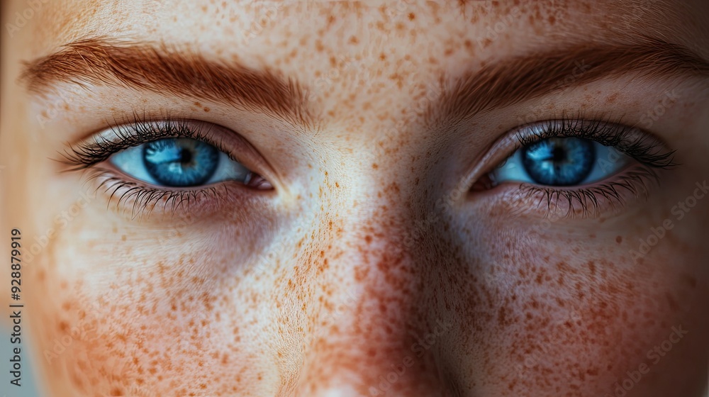 Detailed portrait of a woman's face featuring striking blue eyes and freckles Detailed portrait of a woman's face featuring striking blue eyes and freckles