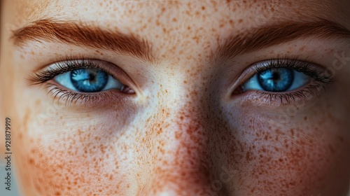 Detailed portrait of a woman's face featuring striking blue eyes and freckles