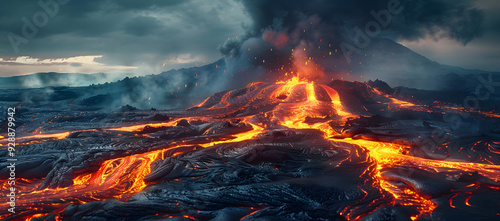  Dramatic Volcanic Landscape with Active Crater and Flowing Lava Against a Dark, Smoky Sky. This intense scene showcases the raw power of an erupting volcano