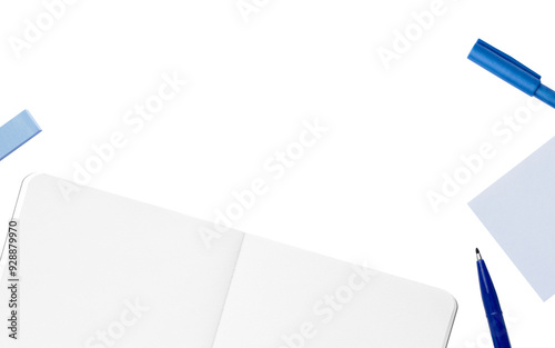 Overhead spread white notebook with blue pen, blue ballpoint pen and blue sticky note stationery cutout frame