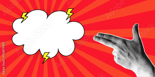 Halftone collage, hand gesture in the shape of a gun, empty speech bubble, cloud in a comic style. Template for retro pop art banner, two fingers, cut out of magazine element.