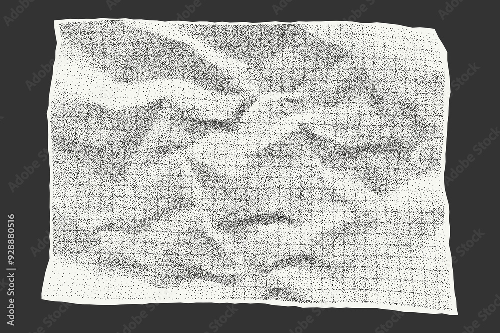 Obraz premium Sheet of paper with jagged edges, old checkered crumpled dotted background. Template for banner, empty space for text. Gritty dusty vector element on dark background.