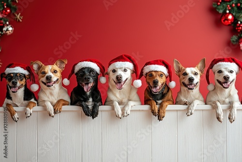 cheerful dogs in Santa hats sit together, showcasing a festive spirit with Christmas decorations around them