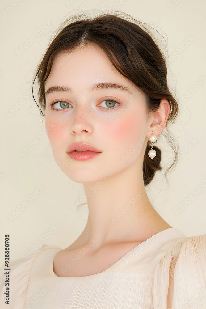 Graceful Portrait of a Young Woman with Elegant Pearl Earrings Graceful Portrait of a Young Woman with Elegant Pearl Earrings