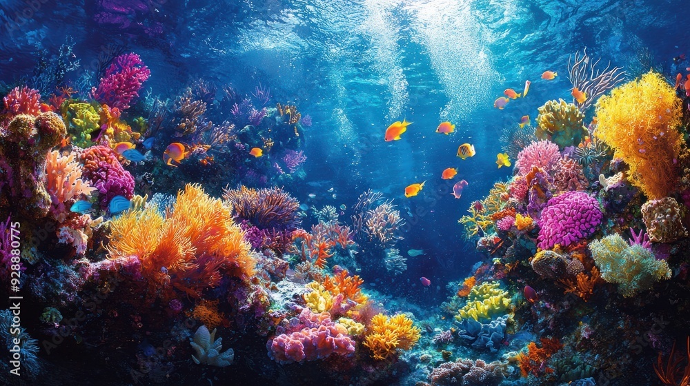 Fototapeta premium Lively Coral Reef Abuzz with Colorful Tropical Fish in Crystal Clear Waters