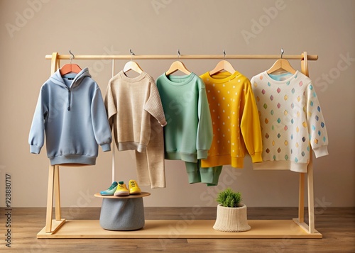 Wooden rack with children's clothes on hangers 